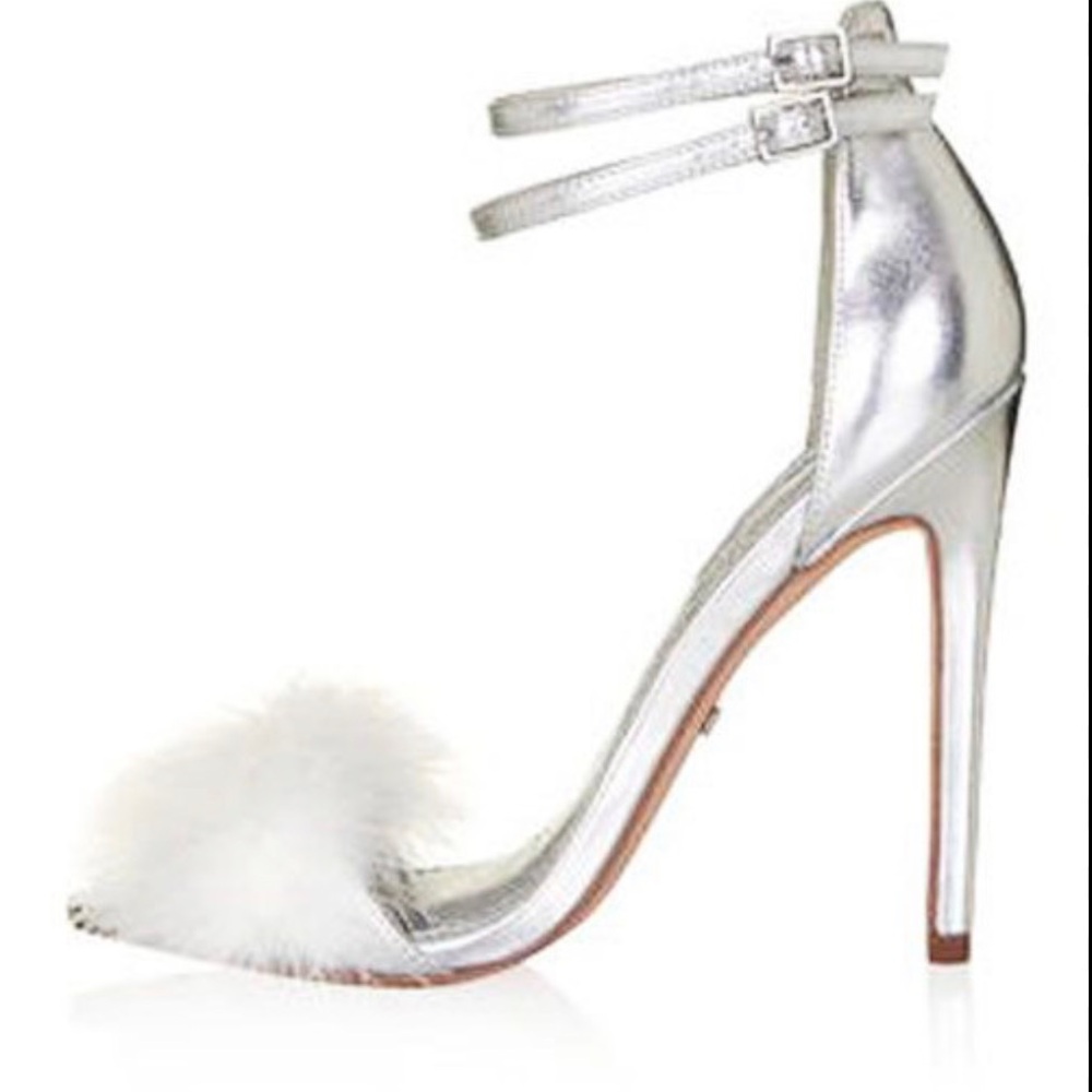 Topshop Silver Metallic Double-Ankle Strap Stiletto Heels with White Fur